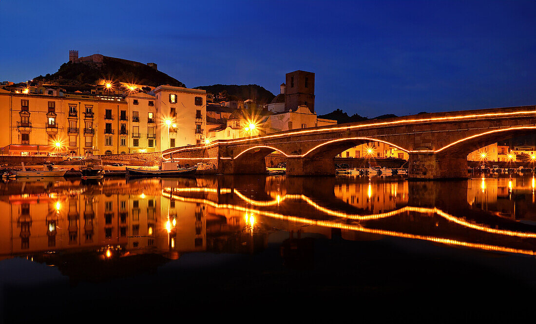  View of Bosa town at night, Sardinia, Italy      