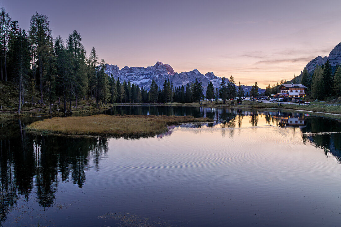  Autumn evening at Lake Antorno, South Tyrol, Italy, Europe 