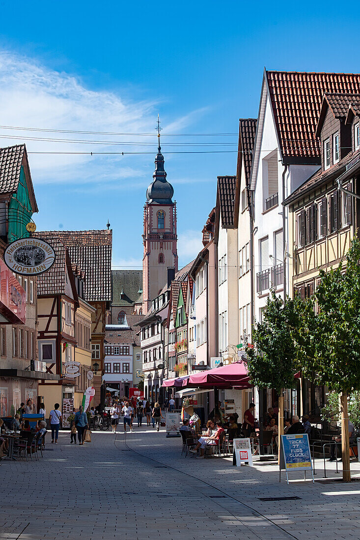  Tauberbischofsheim, view along the main street to the church of St. Martins, Bavaria, Germany 