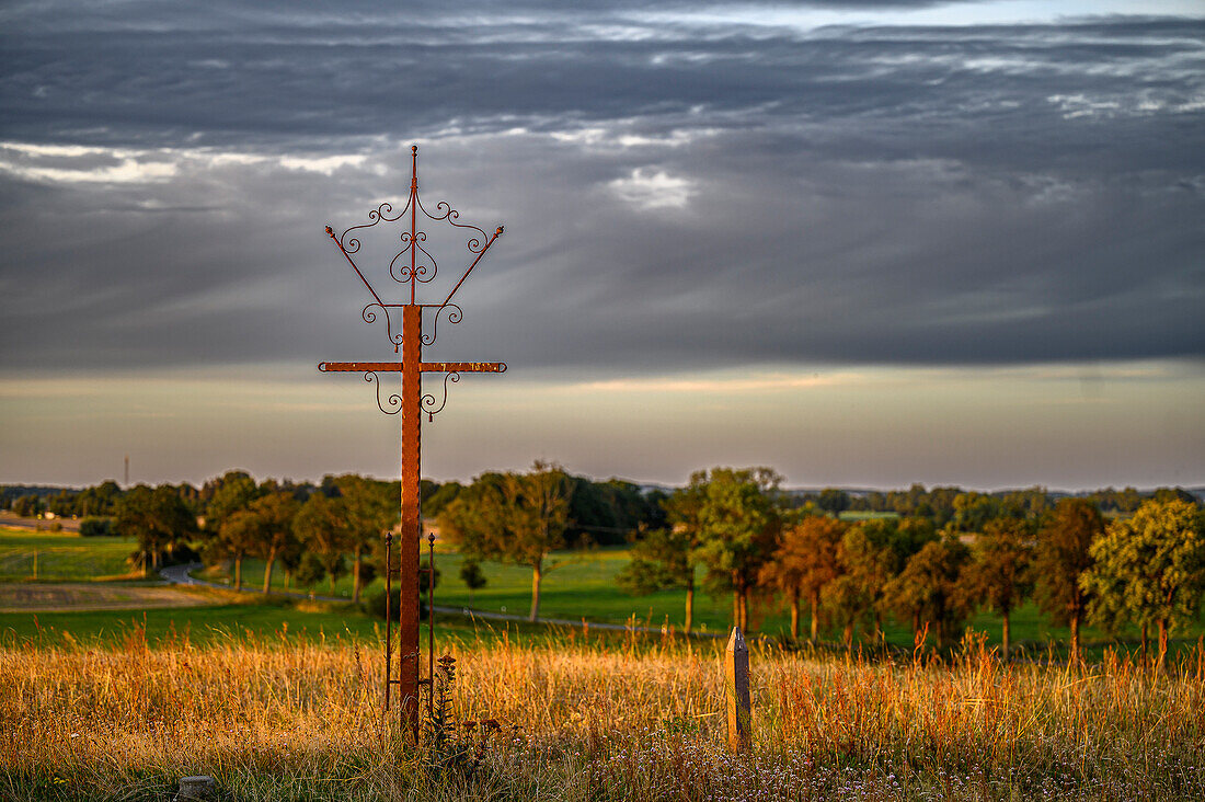  Summit cross on the Jungfernberg, 18 meters above sea level and highest elevation in the Lieper Winkel, Lieper Winkel on Usedom, Baltic Sea coast, Mecklenburg-Western Pomerania, Germany * Baumallee, with cobblestones on Usedom, Baltic Sea coast, Mecklenburg-Western Pomerania, Germany 