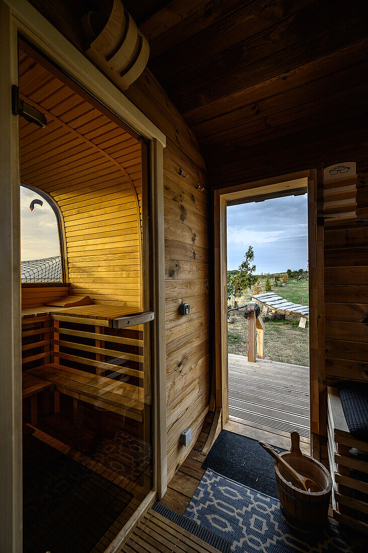  Oka-Oka dike sauna, Ummanz, Rügen, Baltic Sea coast, Mecklenburg-Western Pomerania, Germany 