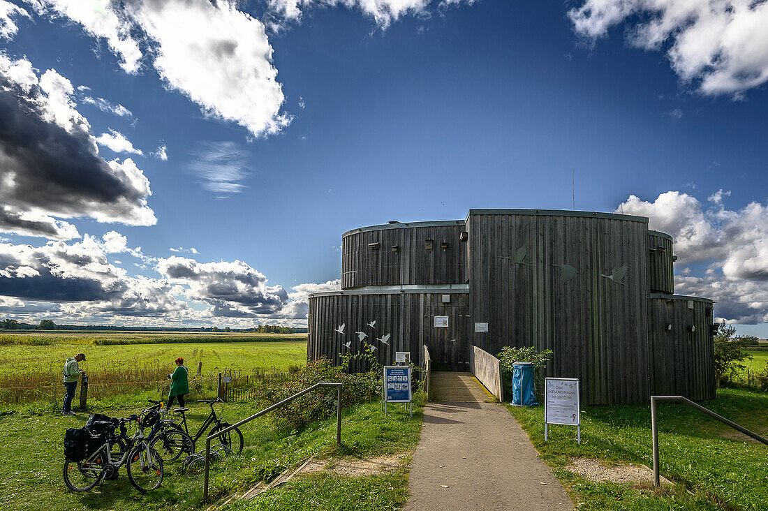  CRANORAMA on Lake Günzer, a modern and barrier-free observation station for cranes, opened in 2015. Groß Mohrdorf, Baltic Sea coast, Mecklenburg Western Pomerania, Germany 