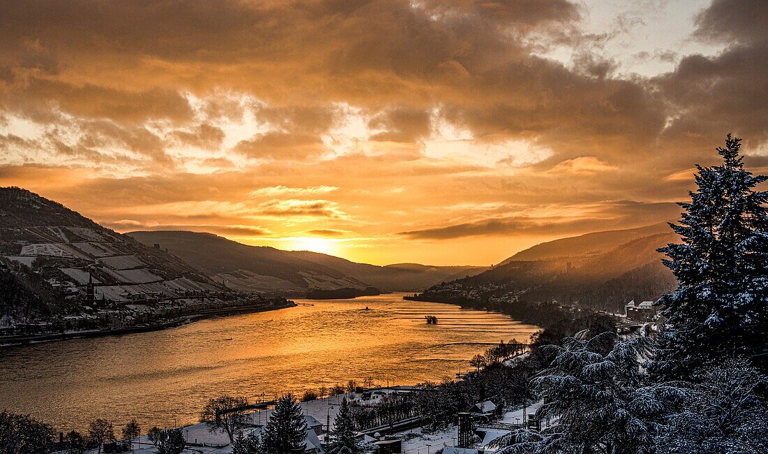  Wintry mood in the Rhine Valley at sunrise, seen from the Victor-Hugo Window viewpoint in Bacharach, Upper Middle Rhine Valley, Rhineland-Palatinate, Germany 