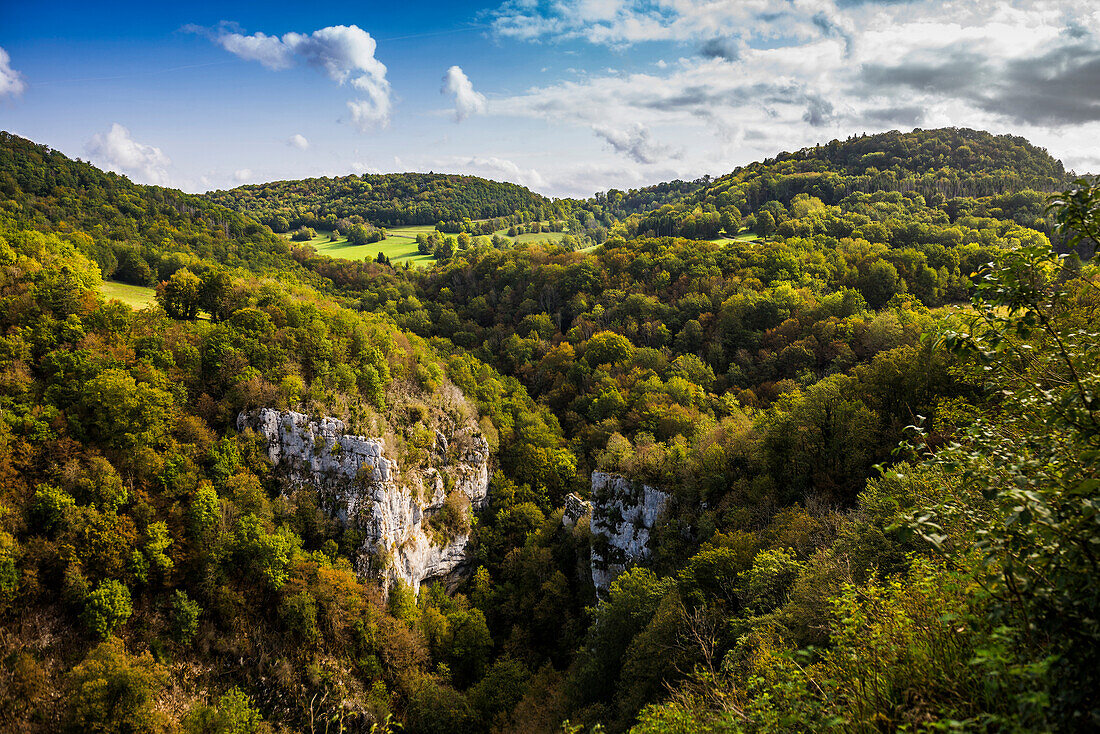  River with gorge and autumn-colored forest, Loue valley, Lizine, near Besançon, Doubs department, Bourgogne-Franche-Comté, Jura, France 