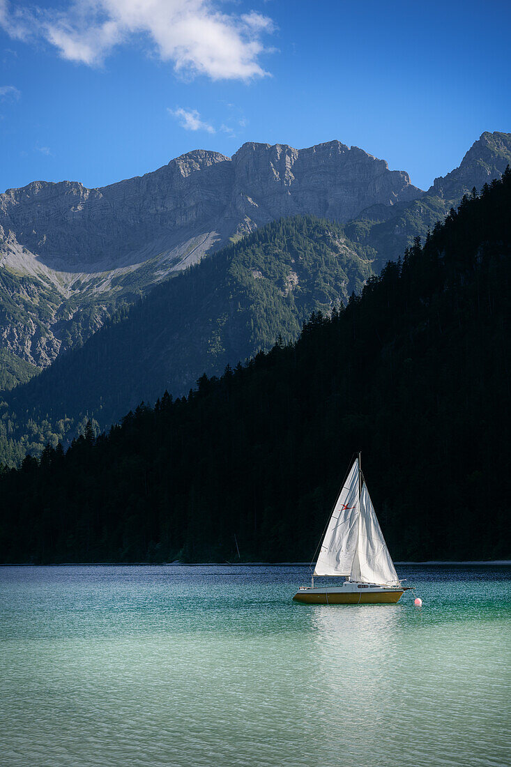  Sailing boat on the crystal clear Plansee, Reutte district, Ammergau Alps, Tyrol, Austria, Europe 