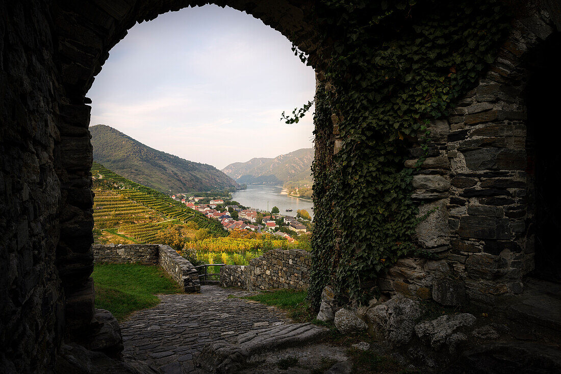  View through the castle gate of the Hinterhaus castle ruins on Spitz an der Donau, UNESCO World Heritage Site &quot;Wachau Cultural Landscape&quot;, Lower Austria, Austria, Europe 