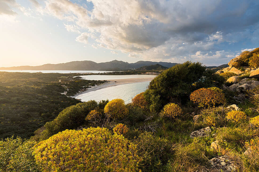 Blick vom Torre di Porto Giunco zum Spiaggia di Porto Giunco, Sardinien, Italien