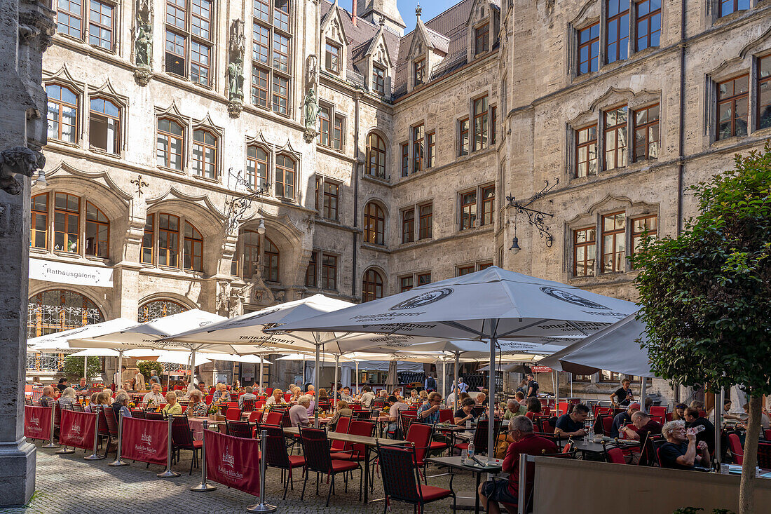  Beer garden of the Ratskeller in the historic inner courtyard of the New Town Hall in Munich, Bavaria, Germany, Europe   