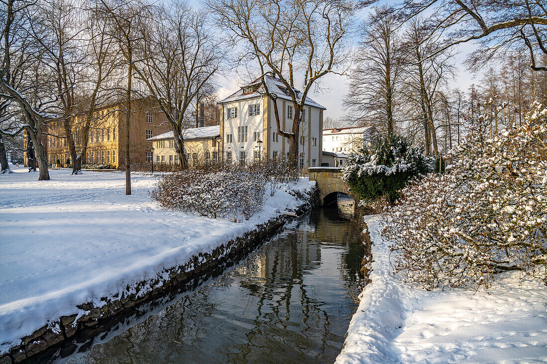  The snow-covered Count&#39;s Park in Bad Driburg in winter, North Rhine-Westphalia, Germany, Europe  