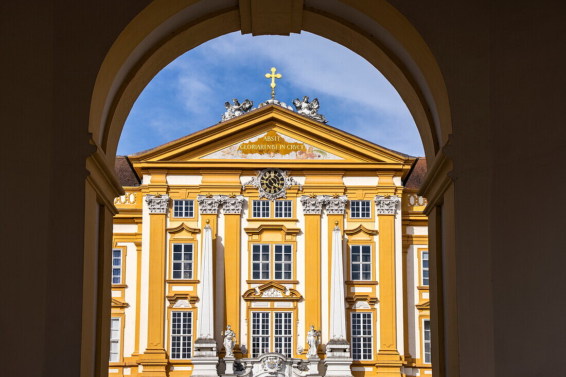 Melk Abbey seen through archway, Melk, Lower Austria, Austria, Europe