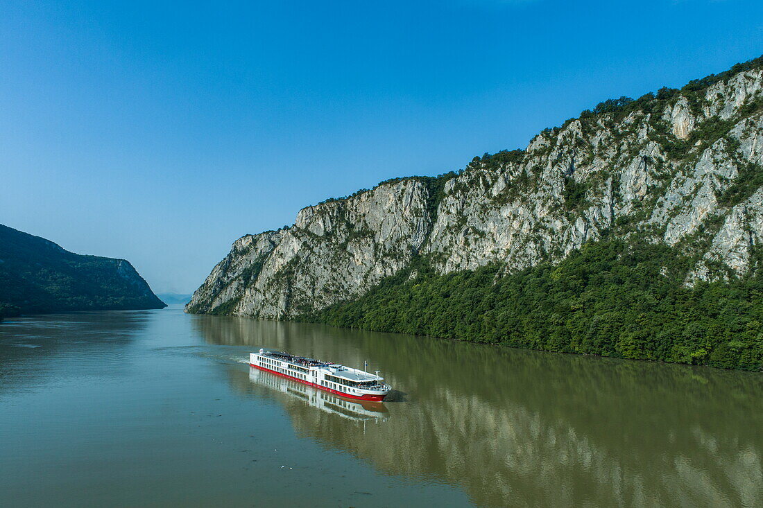 Aerial view of river cruise ship Bolero (Nicko Cruises) in the Iron Gates Gorge of the Danube, Kladovo, Bor District, Romania, Europe
