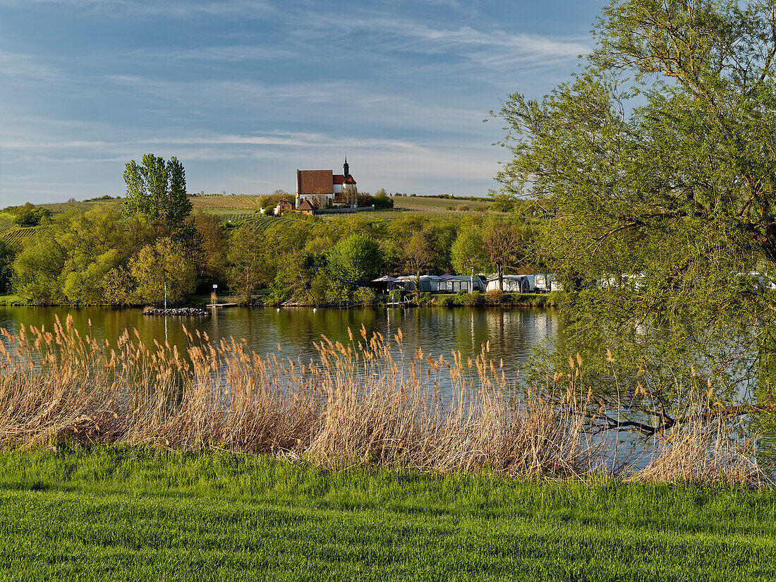 Abend über der Mainaue zwischen Fahr am Main und Volkach und der Kirche Maria im Weingarten, Landkreis Kitzingen, Unterfanken, Bayern, Deutschland