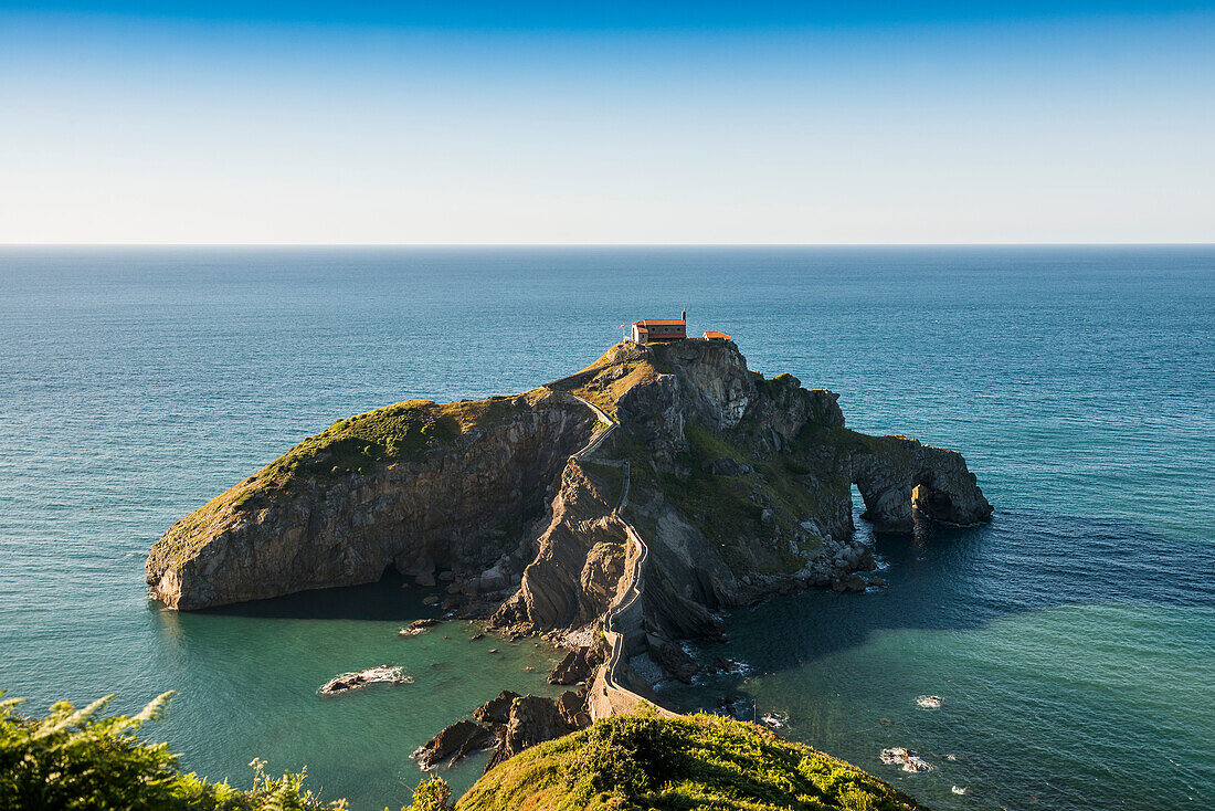 Chapel on an island and cliff, Church of San Juan de Gaztelugatxe, Bakio, near Bilbao, Bizkaia Province, Basque Country, Northern Spain, Spain