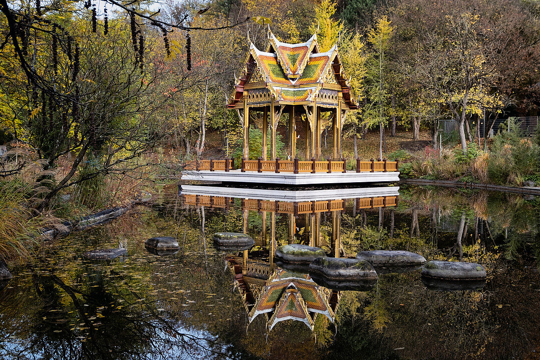 Thai Sala with Buddha statue in a water basin, temple, Westpark, Munich, Upper Bavaria, Bavaria, Germany, Europe