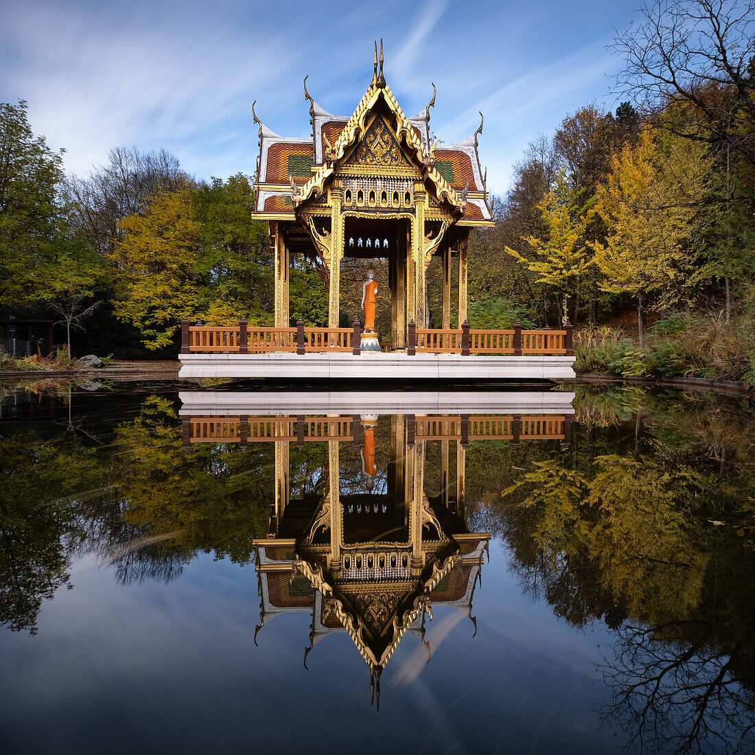 Thai Sala with Buddha statue in a water basin, temple, Westpark, Munich, Upper Bavaria, Bavaria, Germany, Europe