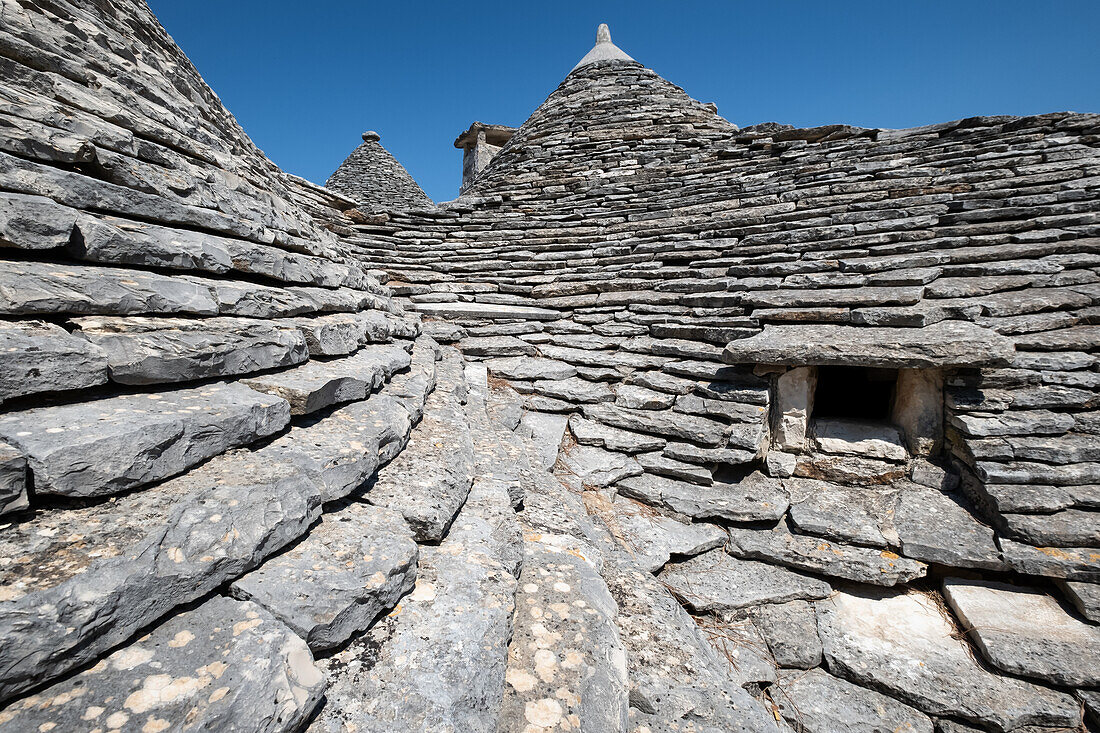 Detailed view of a trulli roof, typical buildings of Alberobello (Unesco World Heritage Site) in summer, Alberobello municipality, Bari province, Apulia region, Italy, Europe