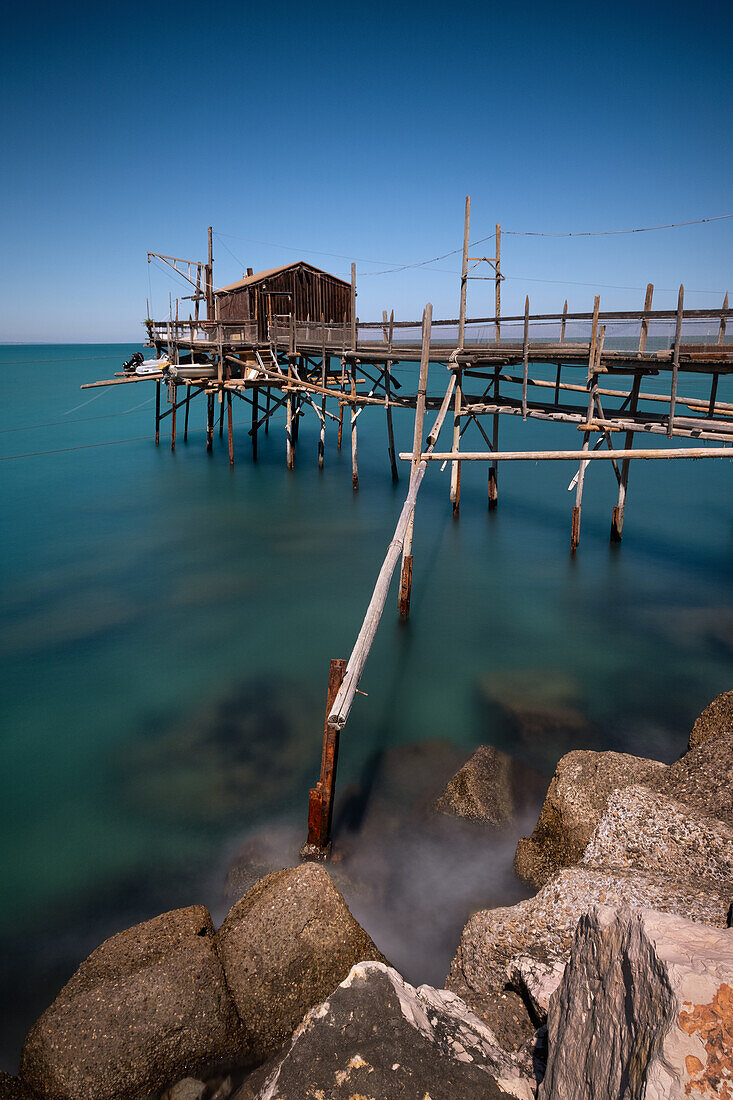 View of a Trabocco pile dwelling in Termoli, Campobasso province, Molise region, Abruzzo, Italy, Europe