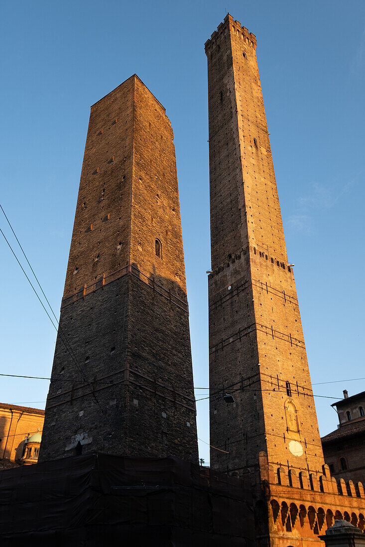 The Two Towers of Bologna at sunset, Bologna, Emilia Romagna, Italy, Europe