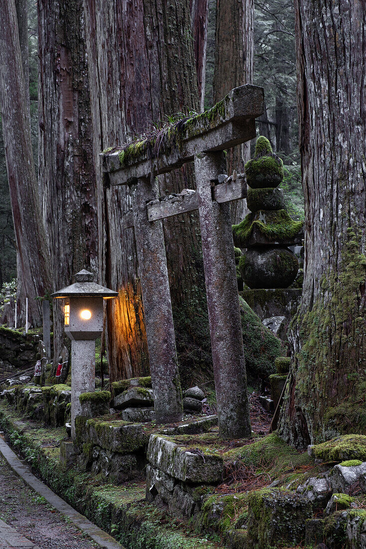 View of the glowing lanterns in Okunoin Cemetery, Okuno-in, Koyasan, Koya, Ito District, Wakayama, Japan