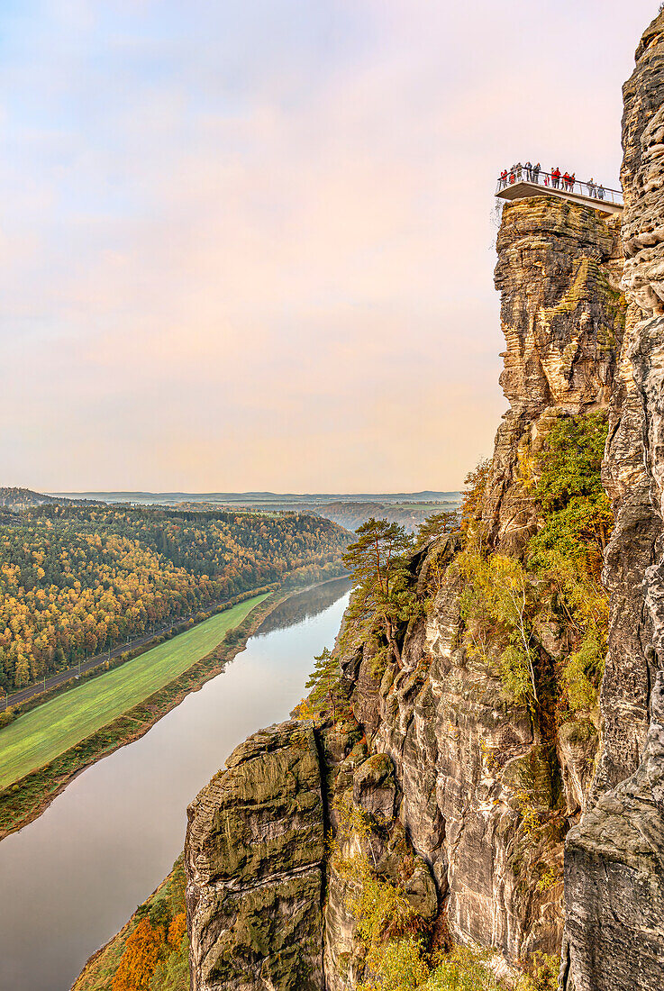 View of the new viewing platform at Basteifelsen and the Elbe valley in autumn, Saxon Switzerland, Saxony, Germany