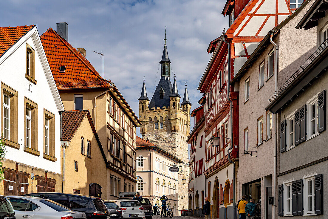 Blue tower and half-timbered houses in Bad Wimpfen, Kraichgau, Baden-Württemberg, Germany