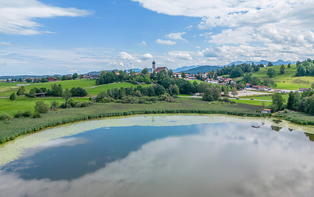 Aerial view of the Seeger Lakes with a view of Seeg with the Allgäu Alps, Ostallgäu, Swabia, Alps, Pre-Alps, Bavarian Alps, Allgäu, Swabia, Upper Swabia, Northern Limestone Alps, Bavaria, Germany