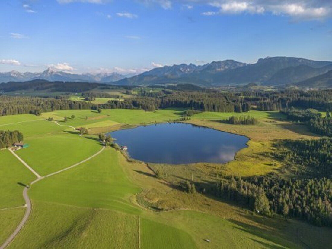 Luftaufnahme des Attlesees im Abendlicht, Nesselwang, Allgäuer Alpen, Schwaben, Allgäu, Bayern, Deutschland