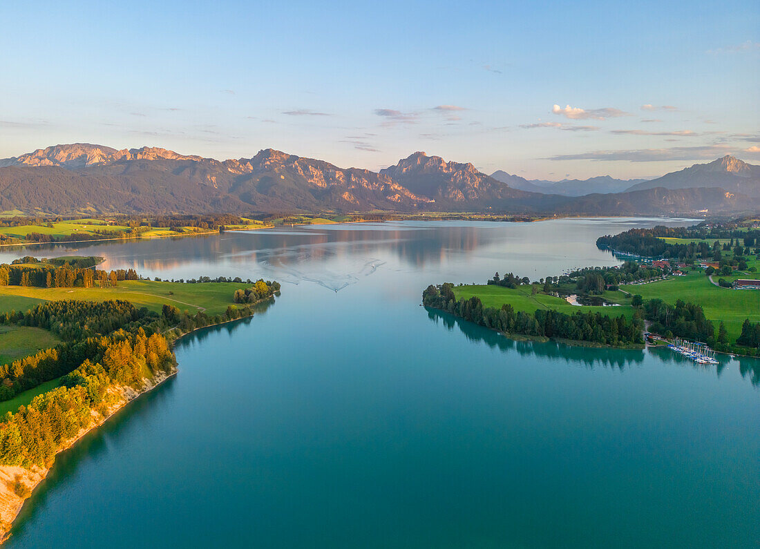 Luftaufnahme des Forggensees im Abendlicht, Allgäuer Alpen,  Schwangau, Schwaben, Allgäu, Bayern, Deutschland