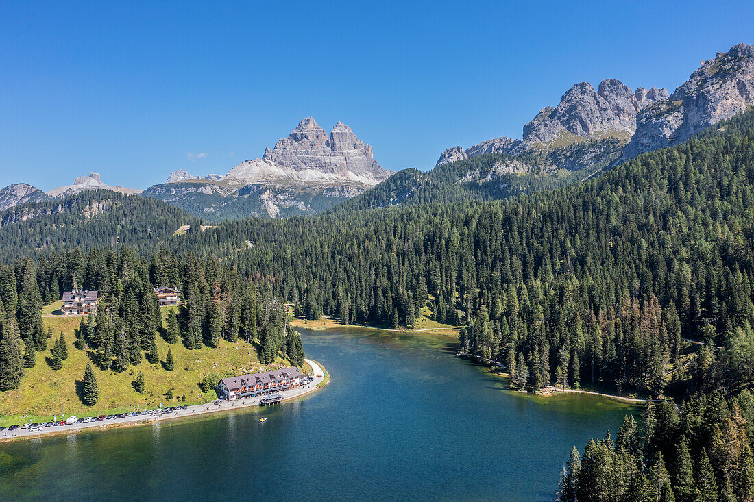 Aerial view of Lake Misurina with Drei Zinnen and Cadin peaks, Province of Belluno, Alto Adige, South Tyrol, Alps, Dolomites, Ampezzo Dolomites Nature Park, Sesto Dolomites, Veneto, Veneto, Italy