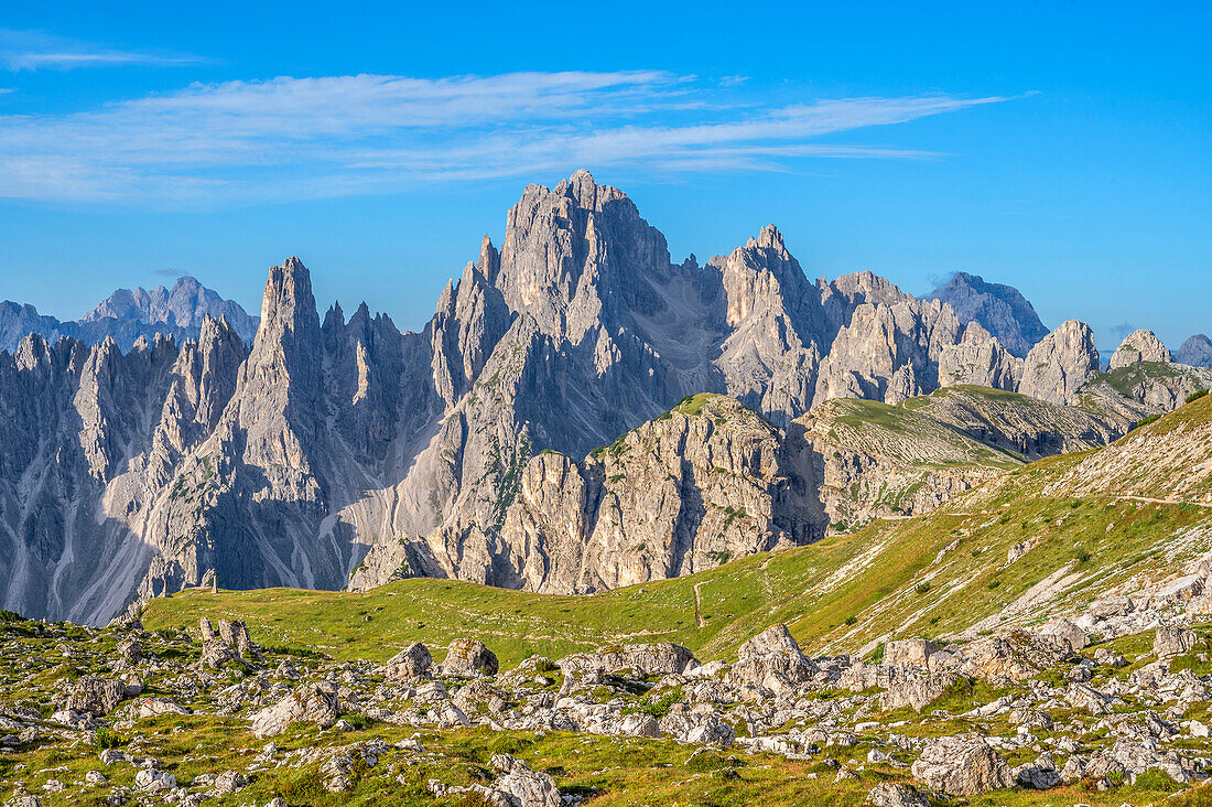 Cadin peaks in the morning light Province of Belluno, Alto Adige, South Tyrol, Alps, Dolomites, Ampezzo Dolomites Nature Park, Sexten Dolomites, Veneto, Veneto, Italy