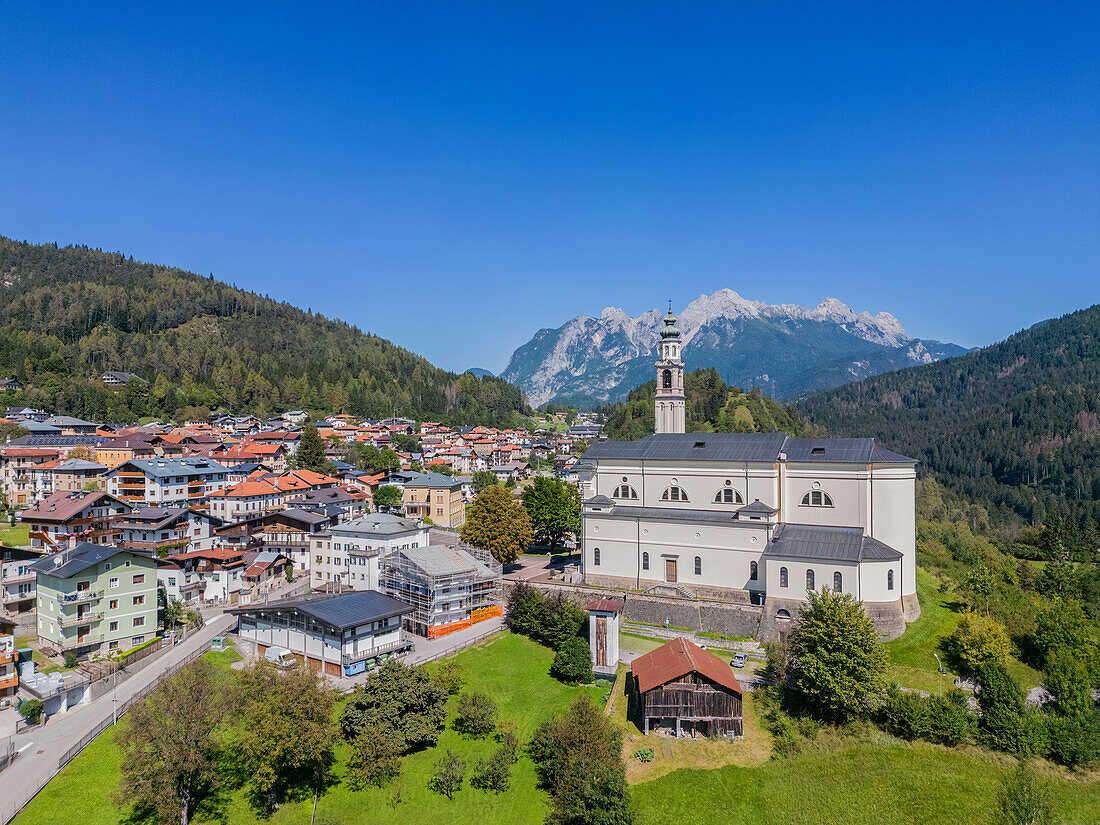 Aerial view of Domegge di Cadore with the church Parrocchia di San Giorgio, Province of Belluno, Alto Adige, South Tyrol, Alps, Dolomites, Veneto, Veneto, Italy