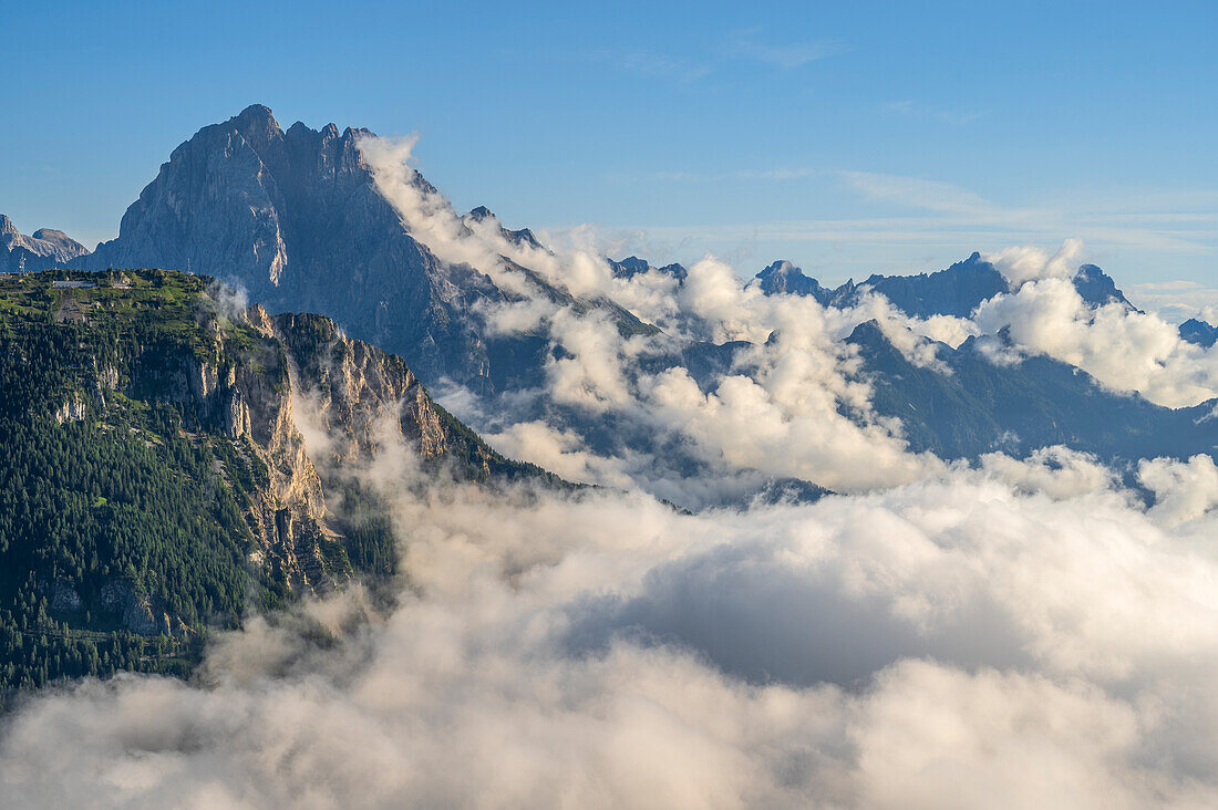 View from the climb to Sfornioi Nord in the Bosconero group of Monte Rite and Antelao, Province of Belluno, Alto Adige, South Tyrol, Alps, Dolomites, Veneto, Veneto, Italy