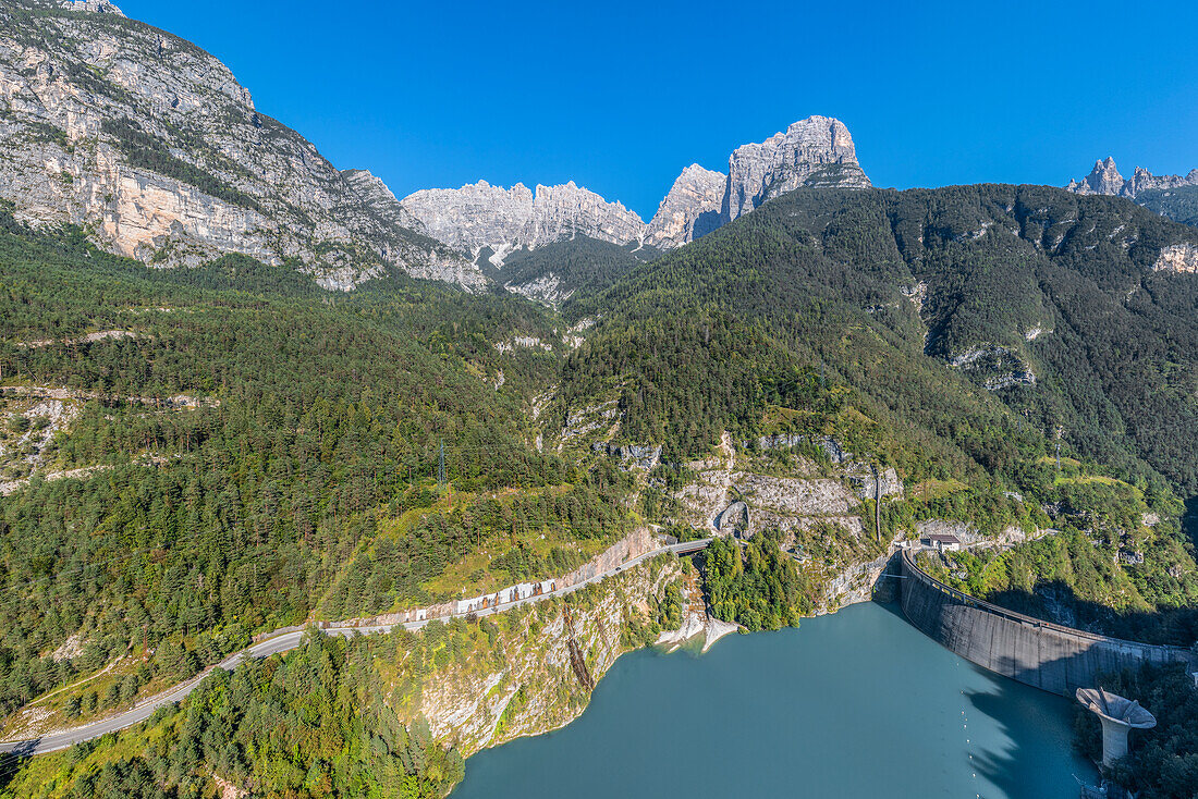 Aerial view of Lake Pontesei with the Bosconero group, Belluno Province, Alto Adige, South Tyrol, Alps, Dolomites, Veneto, Veneto, Italy