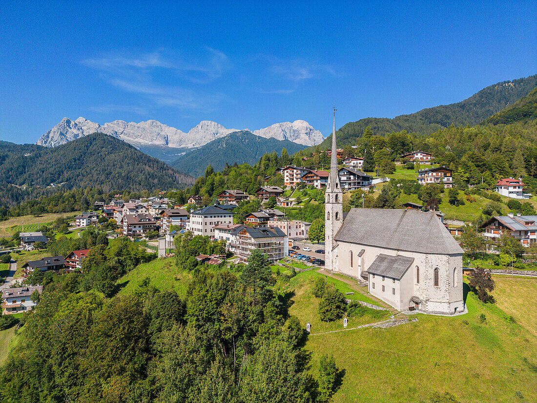 Aerial view of Dozzo near Forno di Zolda with the Civetta group, Province of Belluno, Alto Adige, South Tyrol, Alps, Dolomites, Veneto, Veneto, Italy