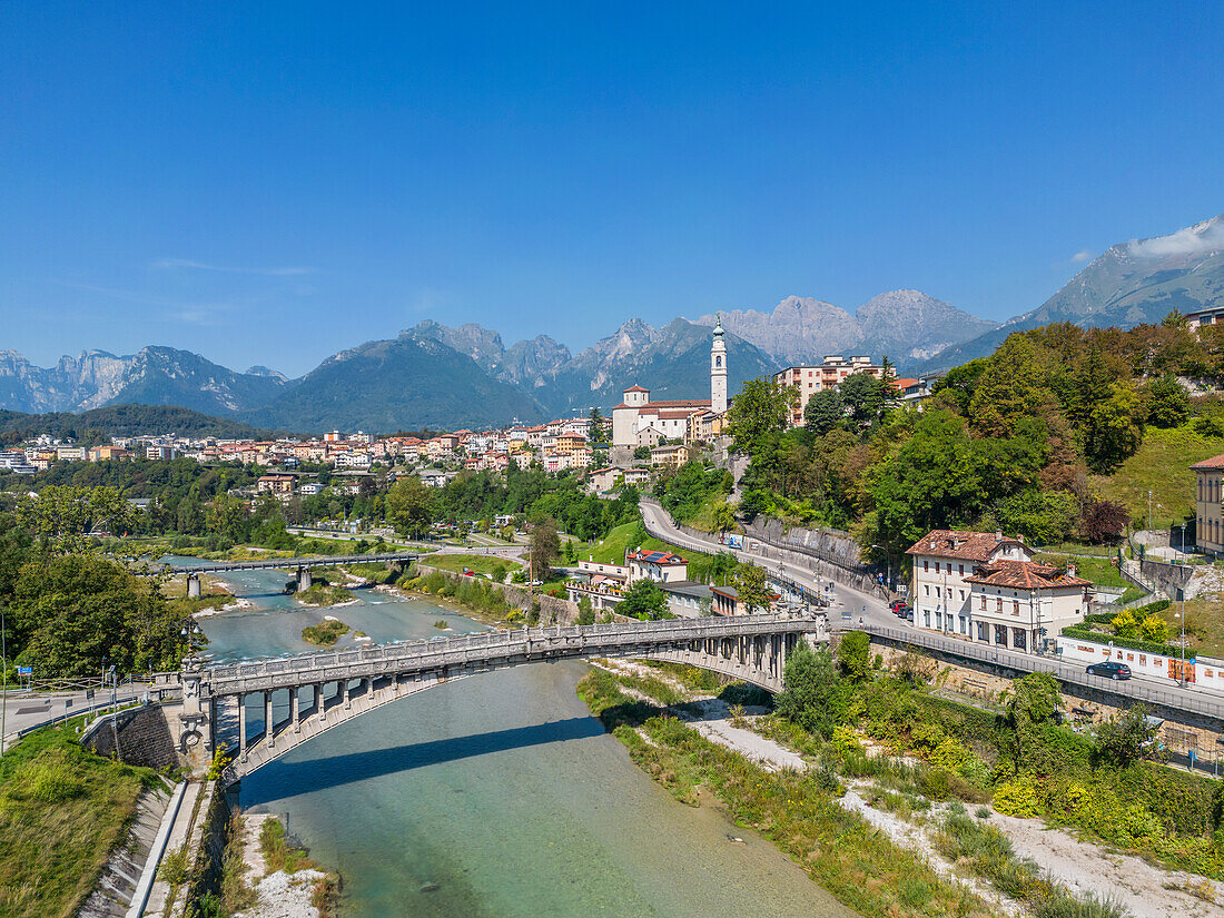 View of Belluno with the Piave, Belluno Province, Alto Adige, South Tyrol, Alps, Dolomites, Veneto, Veneto, Italy