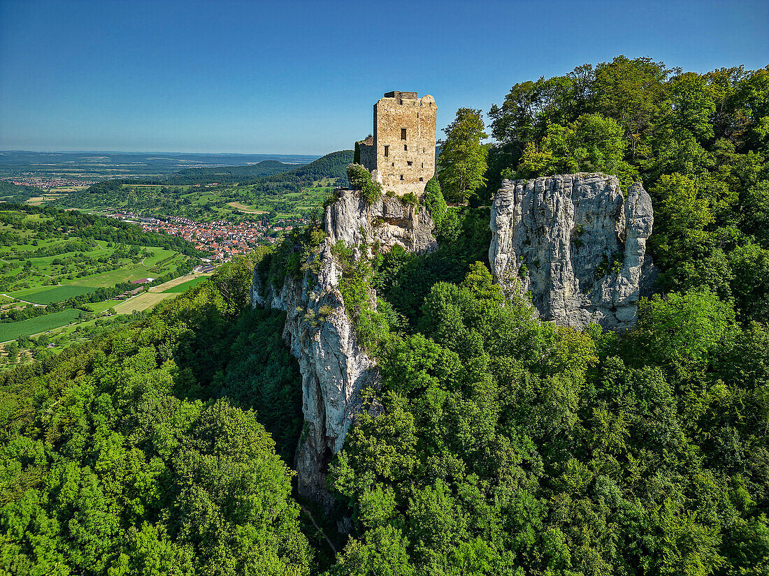 Burgruine Reußenstein mit Neidlinger Tal, Neidlingen, Schwäbische Alb, Baden-Württemberg, Deutschland