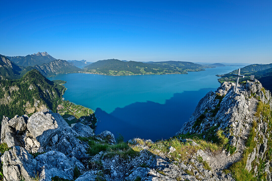 View from Schoberstein to the Attersee, from Schoberstein, Salzkammergut Mountains, Salzkammergut, Upper Austria, Austria