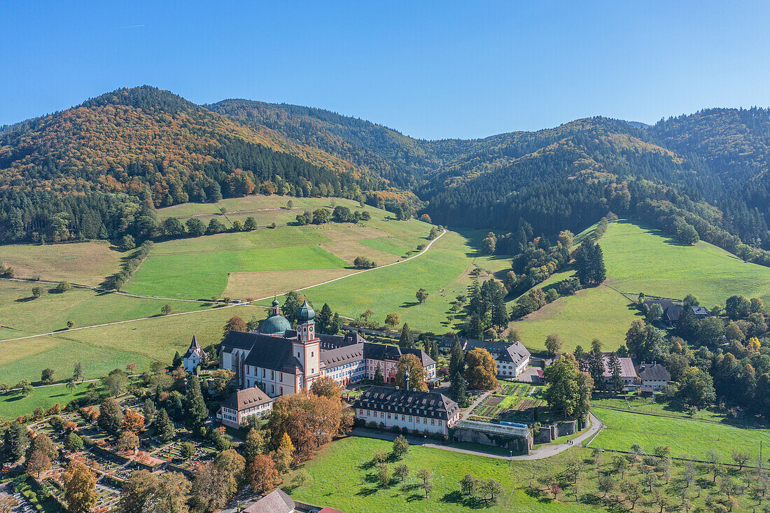  Aerial view of Sankt Trudpert Monastery, Münstertal, Black Forest, Baden-Württemberg, Germany 