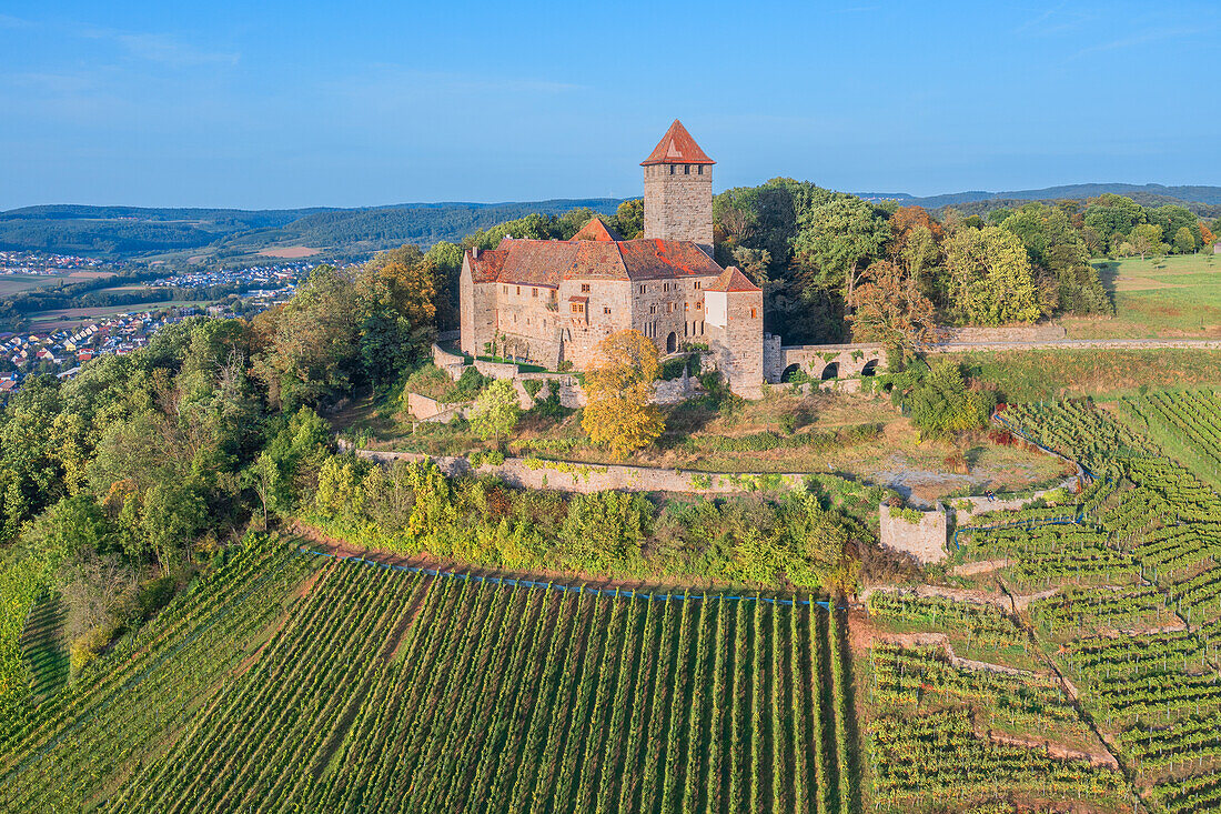  Aerial view of Lichtenberg Castle near Oberstefeld, Neckar, Neckar Valley, Württemberg Wine Route, Baden-Württemberg, Germany 