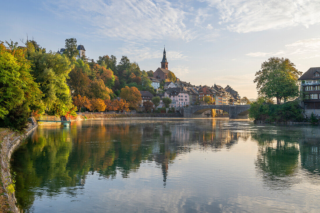  View of the Laufen Bridge over the Rhine with the old town of Laufenburg (Baden), High Rhine, Rhine, Black Forest, Baden-Württemberg, Germany 