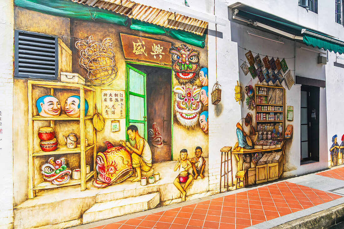 Wandmalerei an Handwerkshäusern im Bezirk Chinatown, Stadtteil Outram, Singapur, Hauptinsel Pulau Ujong, Asien