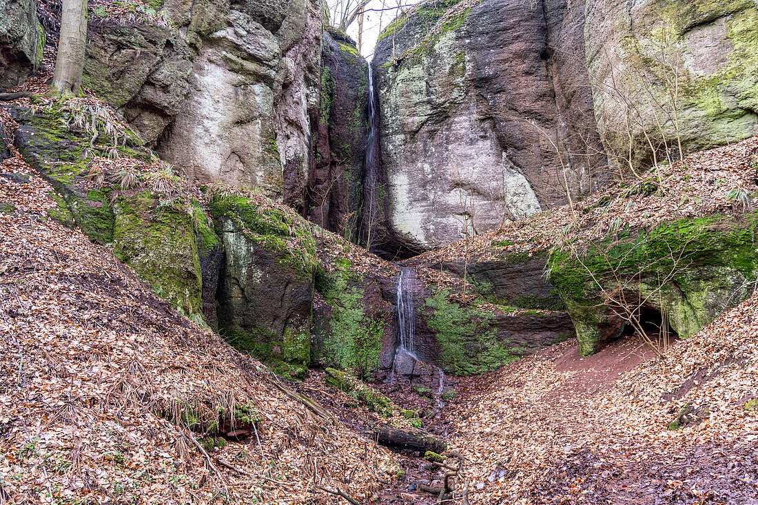  Elf grotto with waterfall at the Drachenschlucht in Eisenach, Thuringia, Germany  