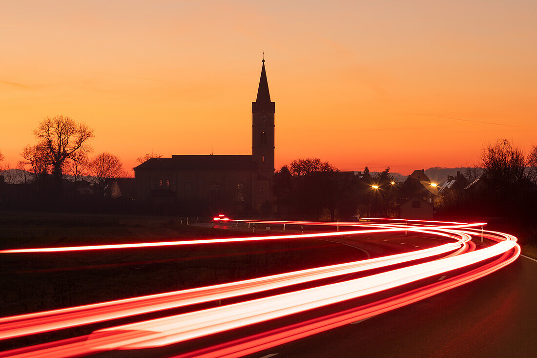  Light painting at dusk, Ullstadt, Sugenheim, Neustadt an der Aisch, Middle Franconia, Franconia, Bavaria, Germany, Europe 