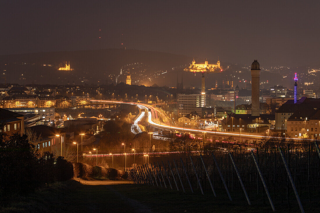  At night at the Greinberg junction, Würzburg, Lower Franconia, Franconia, Bavaria, Germany, Europe 