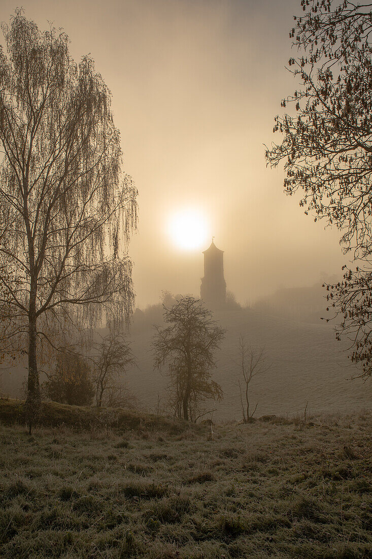  Stone bag in the fog, Waischenfeld, Franconian Switzerland, Upper Franconia, Franconia, Bavaria, Germany, Europe 