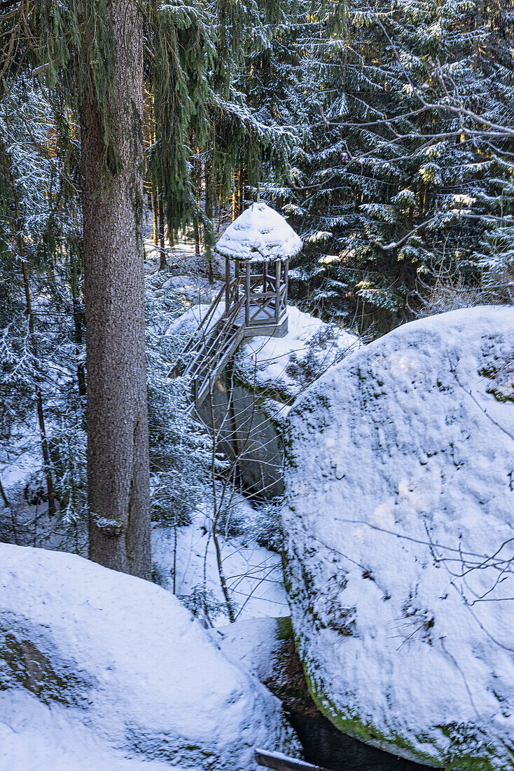 Winter im Großen Labyrinth, Luisenburg, Wunsiedel, Fichtelgebirge, Oberfranken, Franken, Bayern, Deutschland, Europa