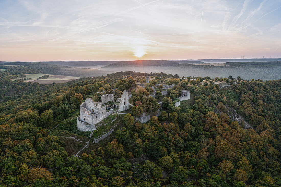  Sunrise at the Homburg, Gössenheim, Main-Spessart, Lower Franconia, Franconia, Bavaria, Germany, Europe 