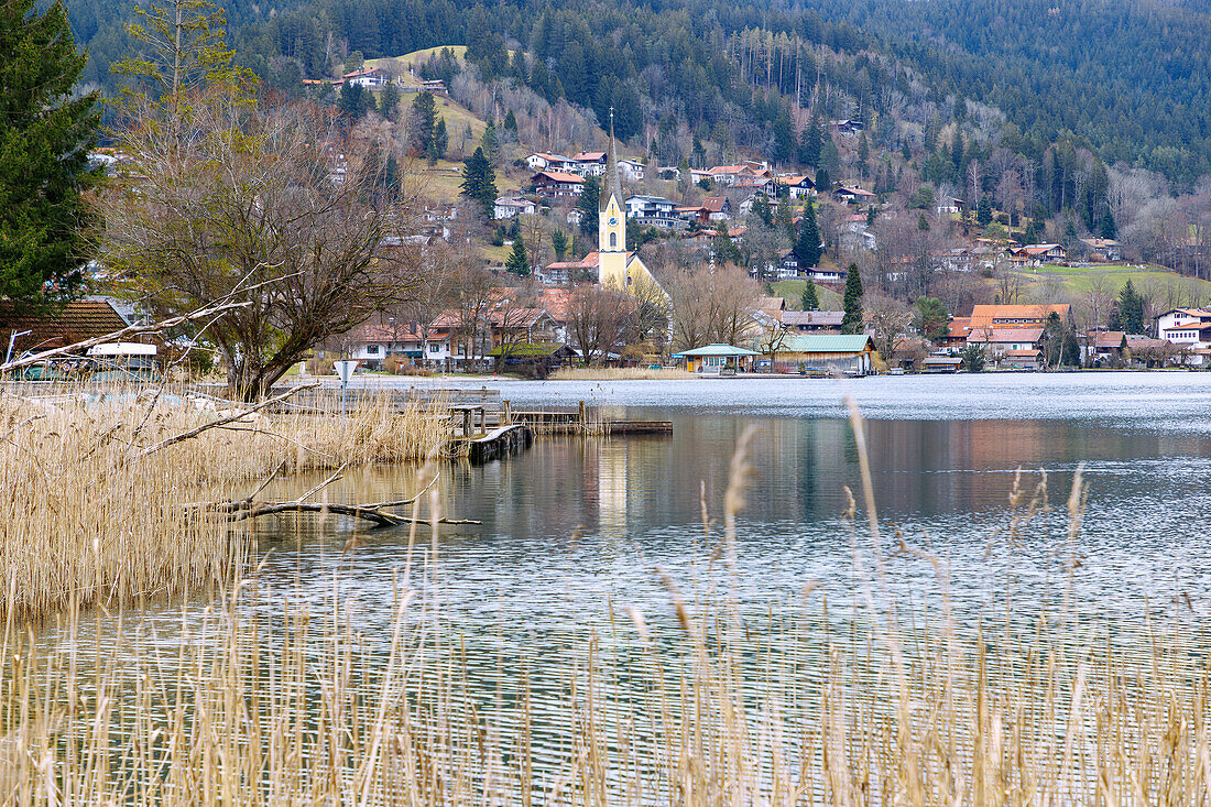  Lake view over the Schliersee to the town of Schliersee in Upper Bavaria, Germany 