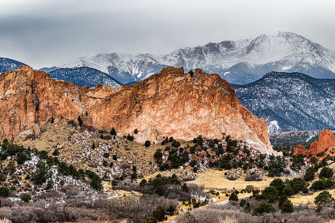 A storm is moving in over Pikes peak and the Garden of the Gods in Colorado Springs Colorado