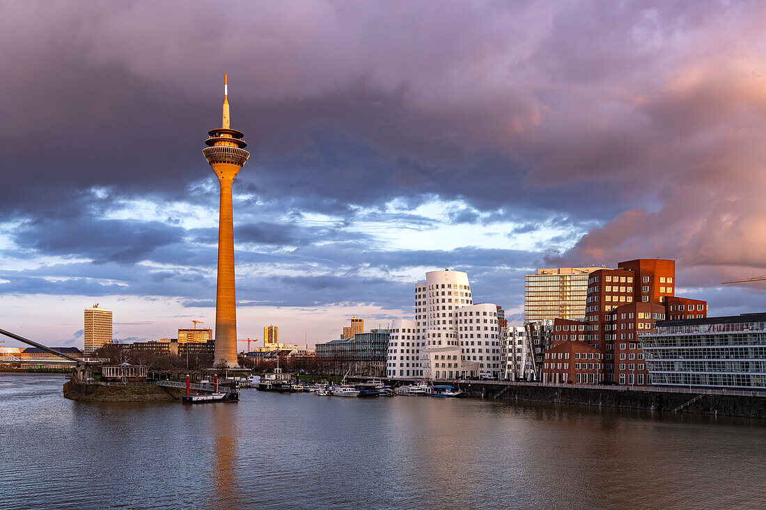 Gehry-Bauten - Neuer Zollhof am Medienhafen und der  Rheinturm in Düsseldorf, Nordrhein-Westfalen, Deutschland